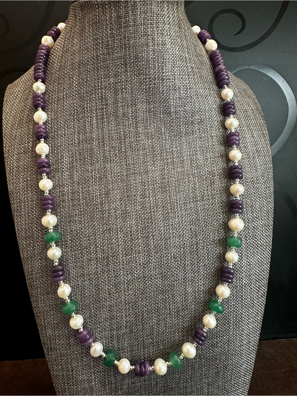 Elegant Purple, Green & Pearl Beaded Necklace